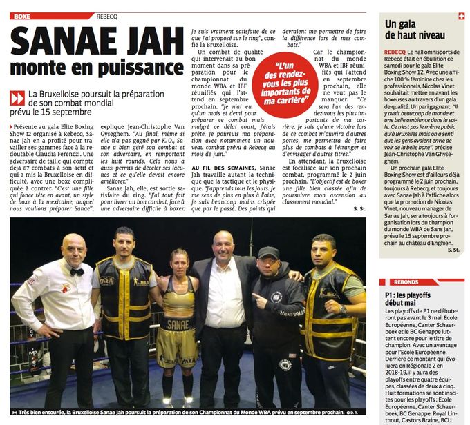 Article paru dans le journal La Dernière Heure (Sébastien Sterpigny) sur le combat de préparation à Rebecq de Sanae Jah. Organisation: Nicolas Vinet.